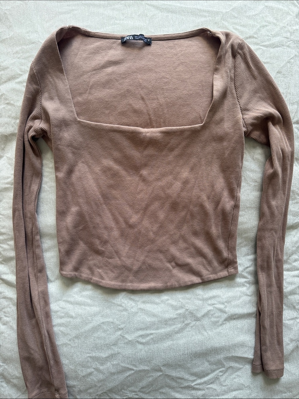 ZARA Mauve-Brown Square Neck Ribbed Long Sleeve Top